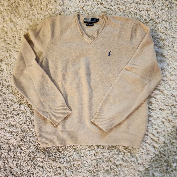 Polo by Ralph Lauren Mens 100% Lambswool V Neck Sweater Extra Large XL Beige - Picture 1 of 6